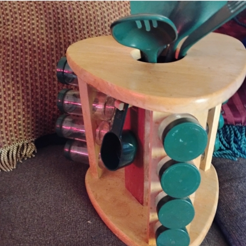 Large Lazy Susan Wooden Spice And Utensil Holder with Green Utensils